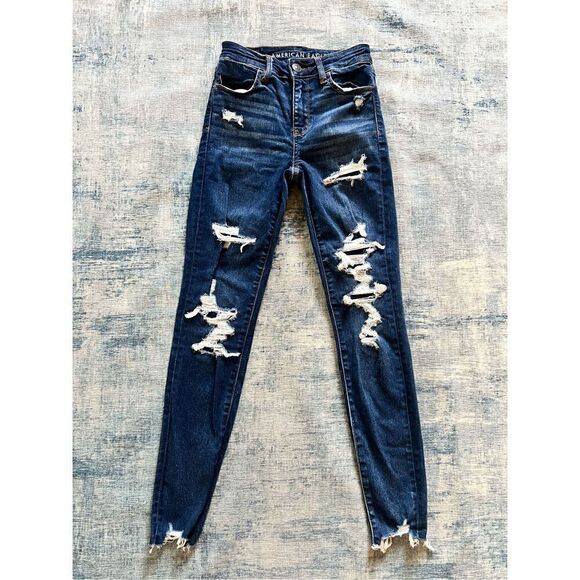 American Eagle Dark Wash Distressed High Rise Jeggings Size 2 - Picture 1 of 7